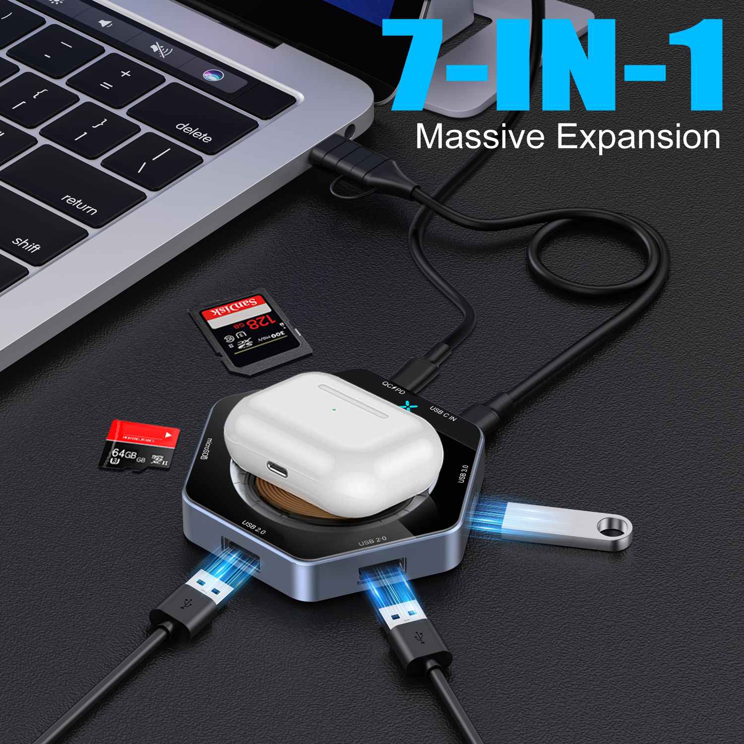 15W Muirearú Fast 7 IN1 USB HUB Duga Luchtaire Gan Sreang